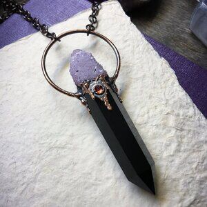 Obsidian, Spirit Amethyst Necklace in Electroformed Copper | Evening Star Amulet